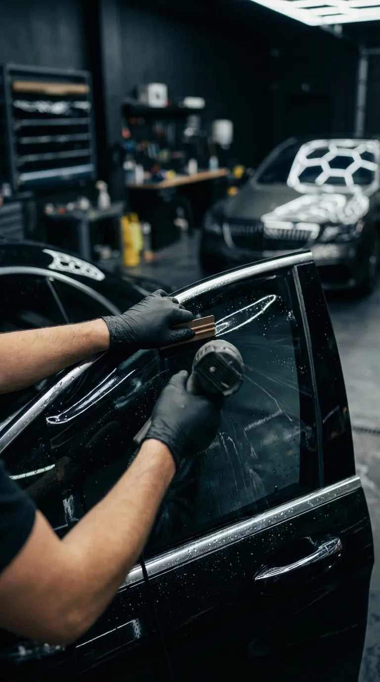 Professional technician applying ceramic window tinting film with precision
